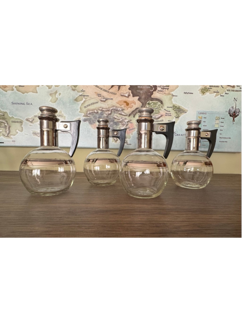 Set of 4 Mid-Century Glass Cruets w/ Bakelite Handles